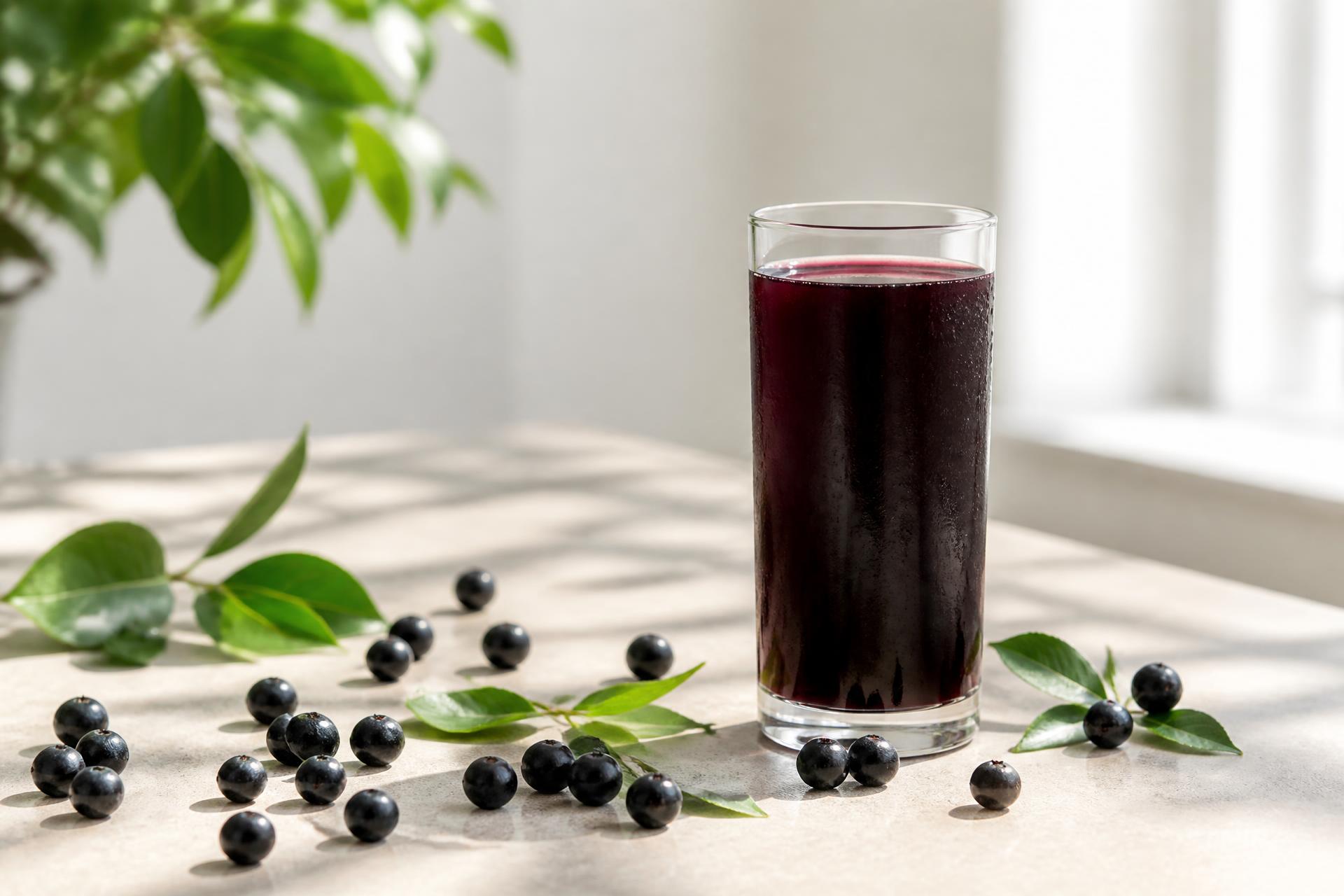 Fresh aronia berries, green leaves and a glass of berry juice on sunlit stone