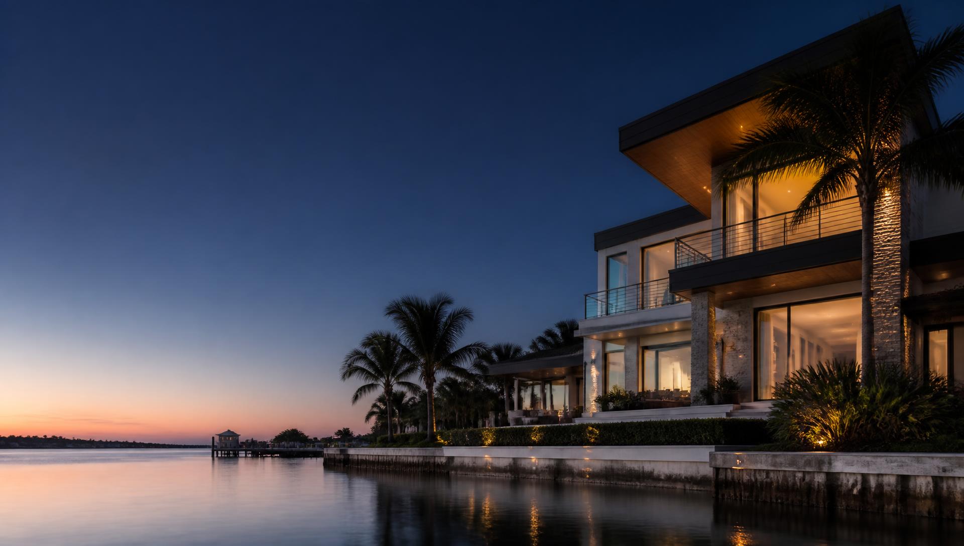 Luxury Southwest Florida waterfront home at dusk